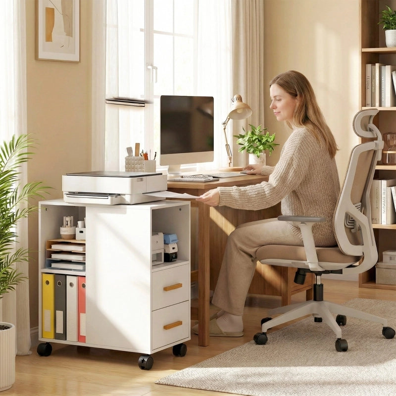 Mobile contenitore per stampante con 2 cassetti e 3 vani aperti, ripiano regolabile e ruote, per ufficio, bianco, 60 × 30 × 65 cm