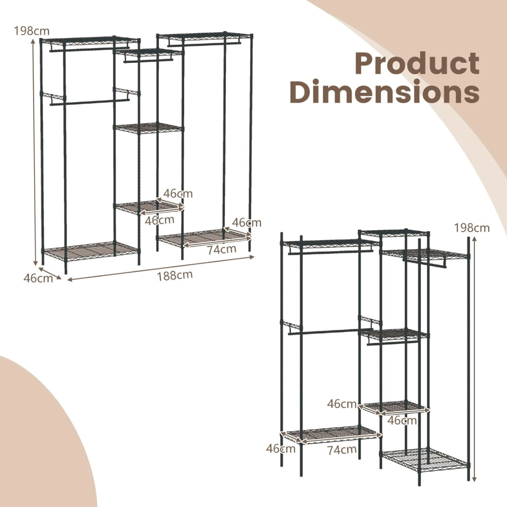 Appendiabiti asino convertibile, armadio per biancheria aperto con 7 ripiani regolabili e 4 aste per appendere, telaio in metallo, 188 x 46 x 198 cm, organizer per vestiti carico max. 530 kg