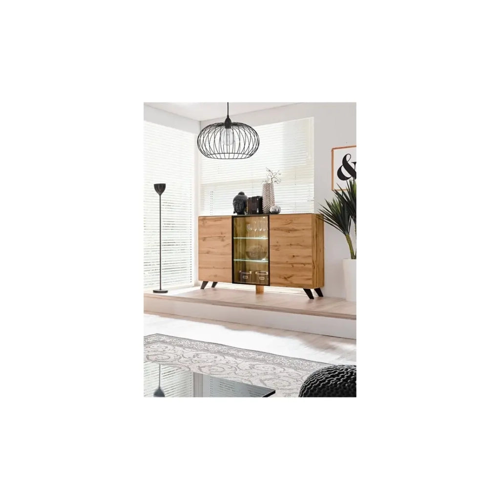 Buffet 3 porte TINO con LED – Rovere chiaro e nero – Stile scandinavo moderno