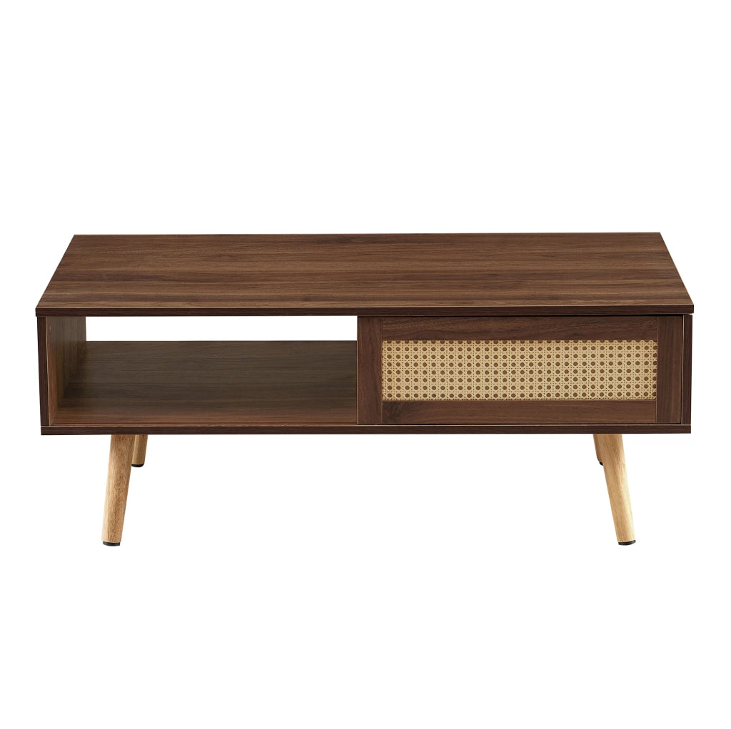 Tavolino da caffè con porta scorrevole in rattan; gambe in legno; MDF marrone
