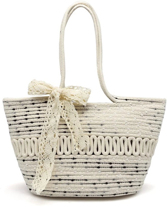 Borsa pannolino intrecciata con chiusura a zip, borsa tote con strisce di stoffa, borsa intrecciata con corda di cotone, borse estive per donna, borsa a tracolla per donna