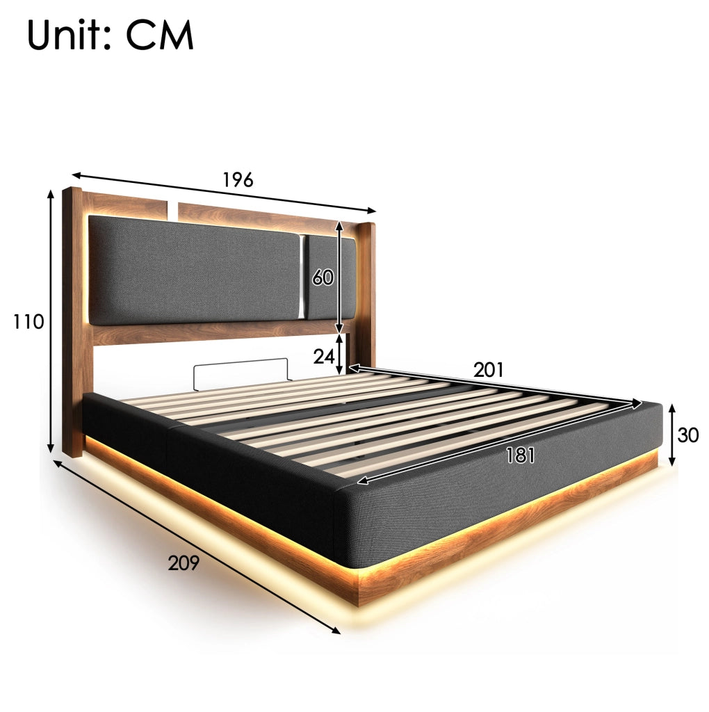 Letto matrimoniale 180x200 cm con contenitore; LED; lino e legno grigio
