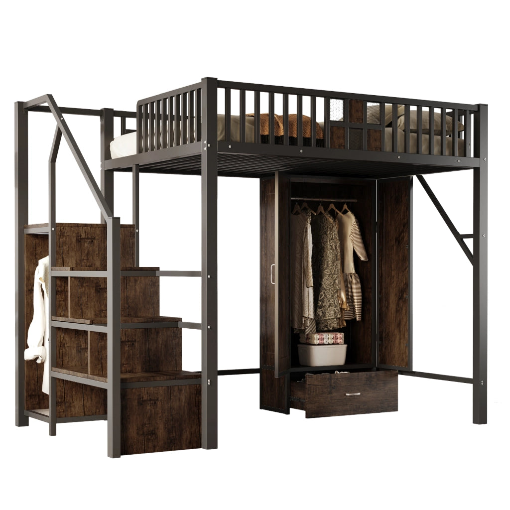 Letto a castello nero in metallo e legno con funzione contenitiva 140x200 cm