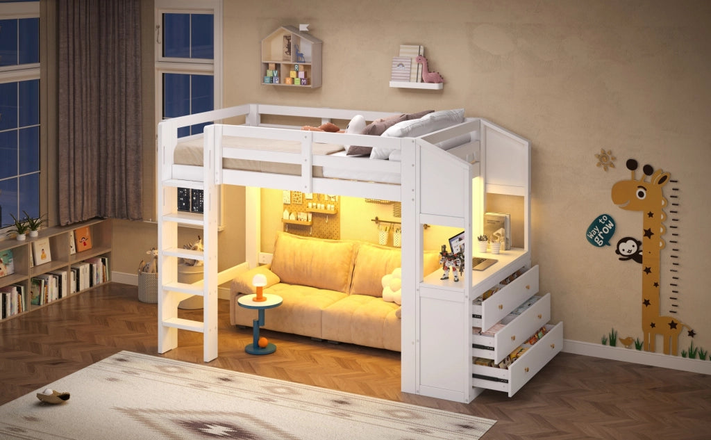 Letto a soppalco 90 × 200 cm con 3 cassetti, ripiani e LED regolabile, senza materasso, bianco