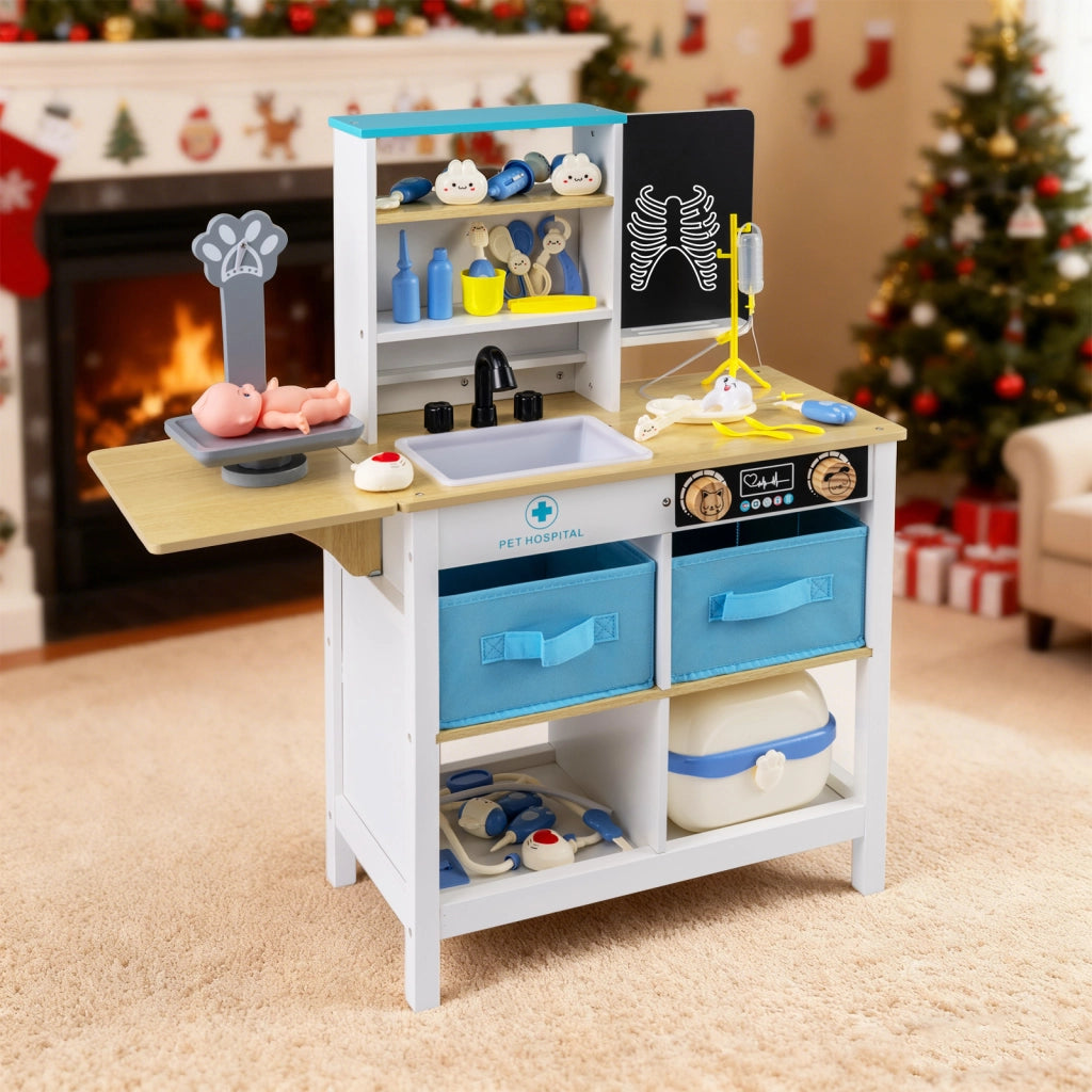 Set gioco medico legno centro medico lavagna bilancia animali rubinetto lavandino, Set ospedale tavolo pieghevole cassetti valigetta accessori Bianco