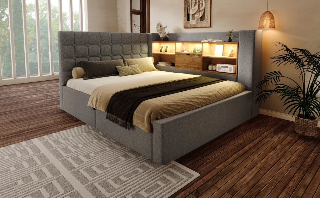 Letto matrimoniale 140x200 cm in lino con LED, porta USB, contenitore idraulico e testiera L reversibile, grigio