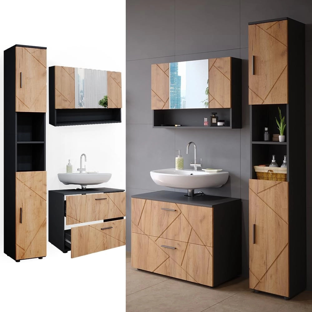Set mobili bagno Irma, Quercia dorata/antracite, 80 cm, composto da mobile sottolavabo, specchiera e colonna alta