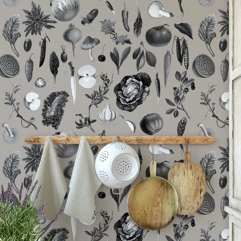 Carta da Parati Cucina con Illustrazioni Botaniche Carta Vegana 250x200cm 5,5mq 