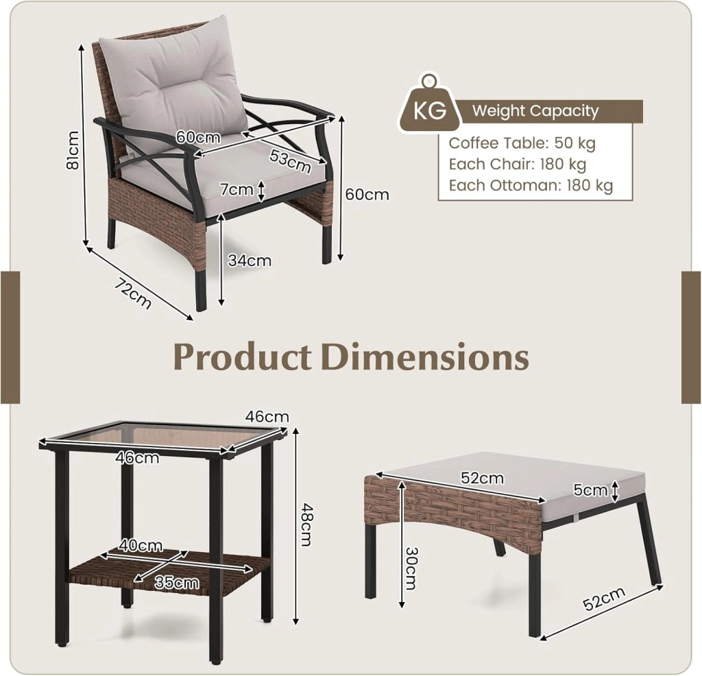 Set di mobili da giardino in rattan, per balconi, balconi, terrazze, 2 poltrone con sgabello, con cuscino, set di mobili da balcone per 2 persone (Marrone)