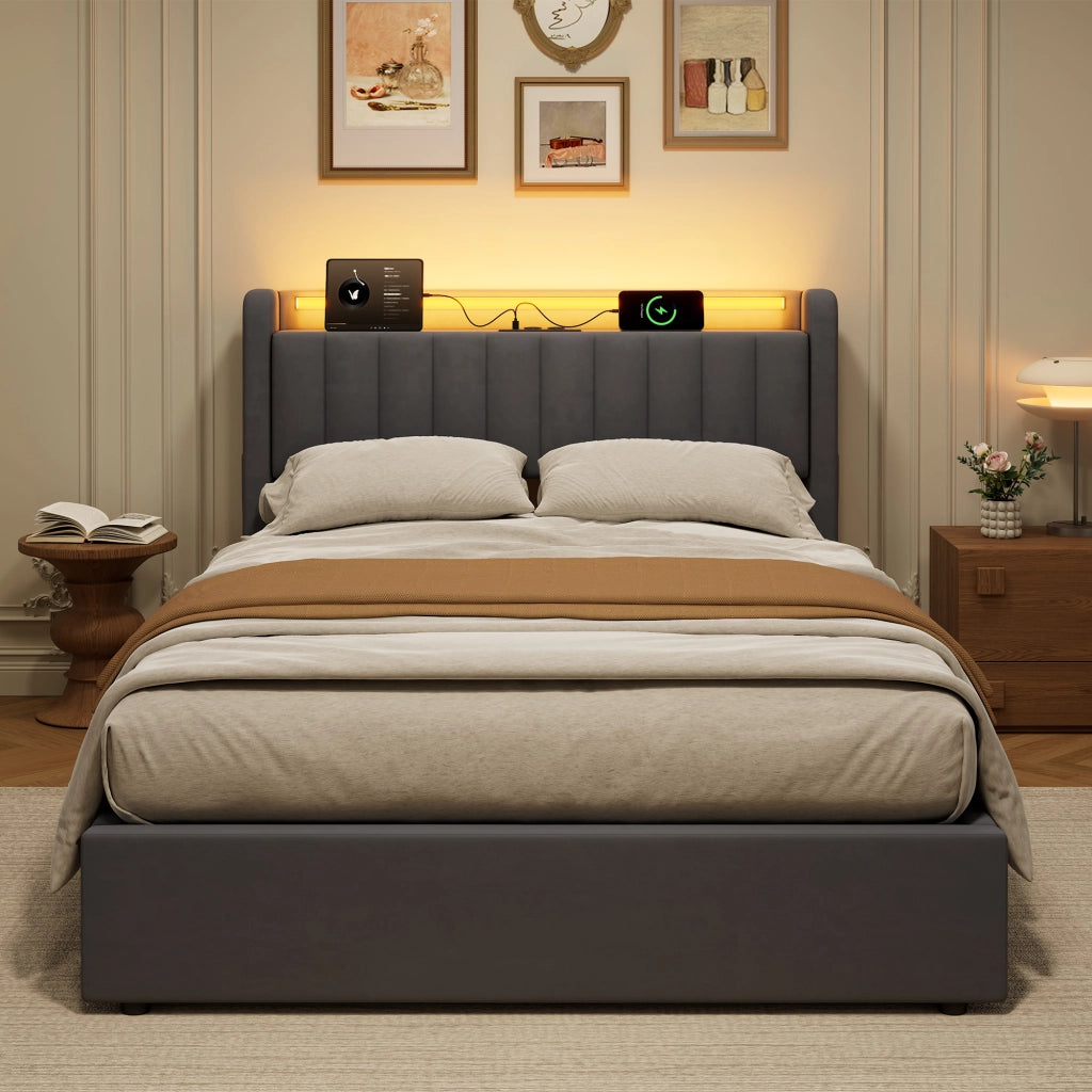 LETTO Imbottito 140 x 190 cm Grigio Scuro con Contenitore, USB e LED