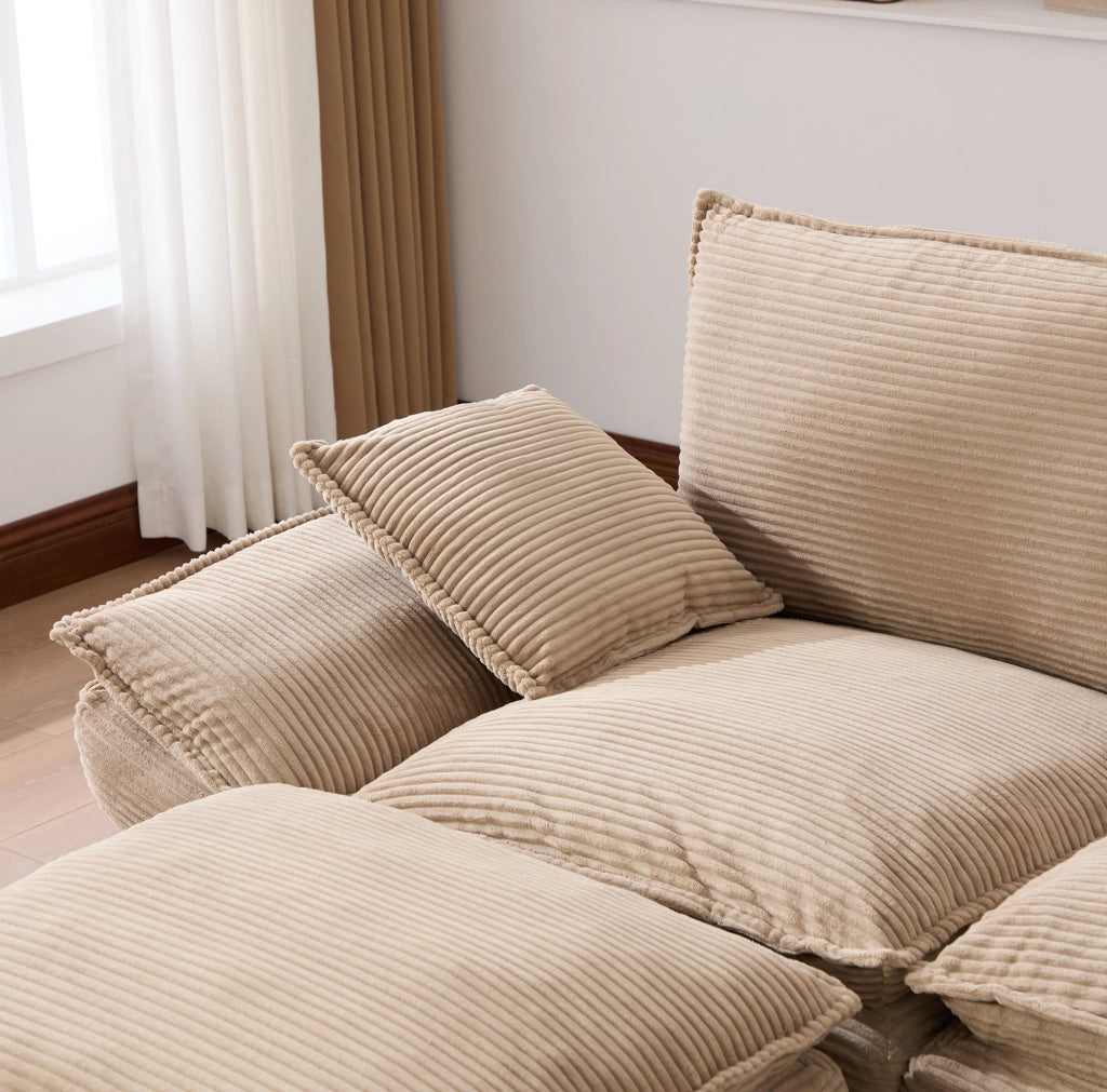 Divano modulare 2 posti in corduroy khaki con 2 pouf; porta USB-C e tasche laterali