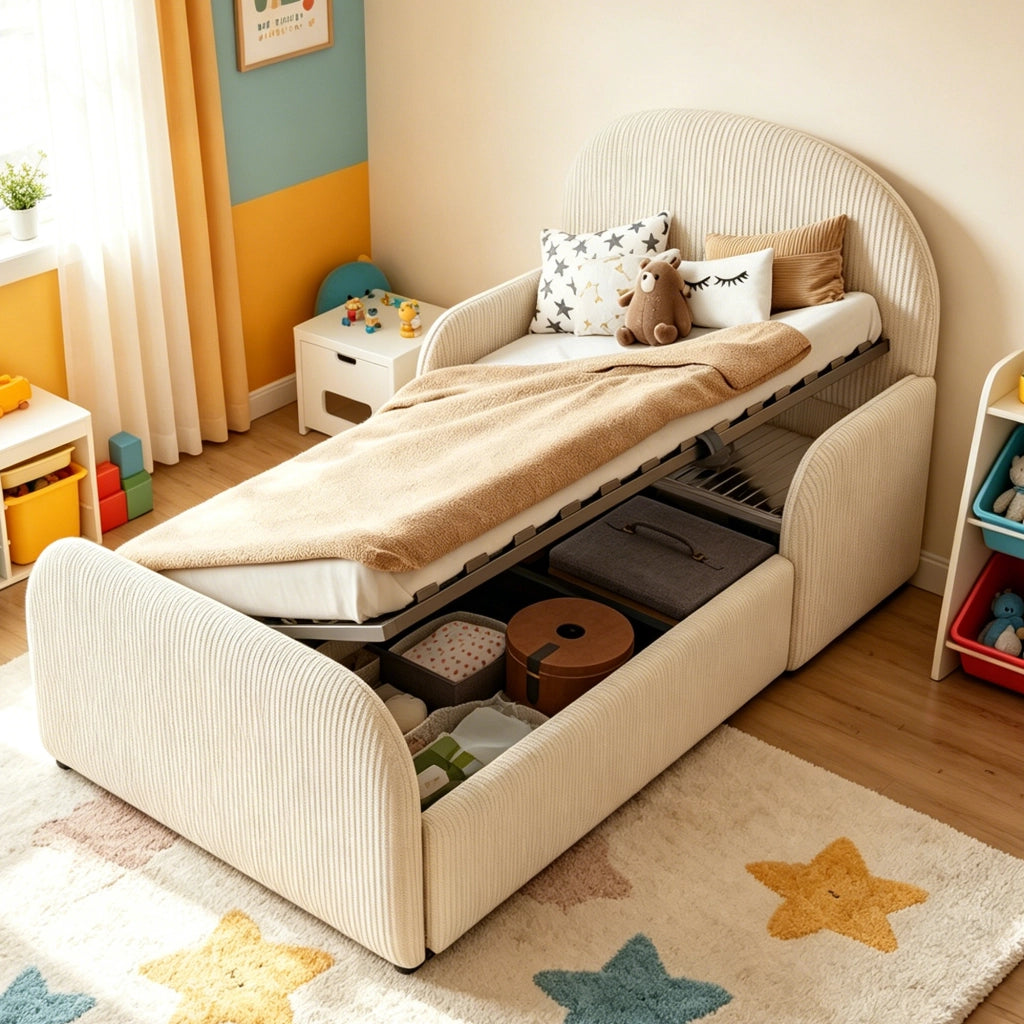 LETTO Polsterbett 90x200 cm con vano contenitore idraulico in velluto beige