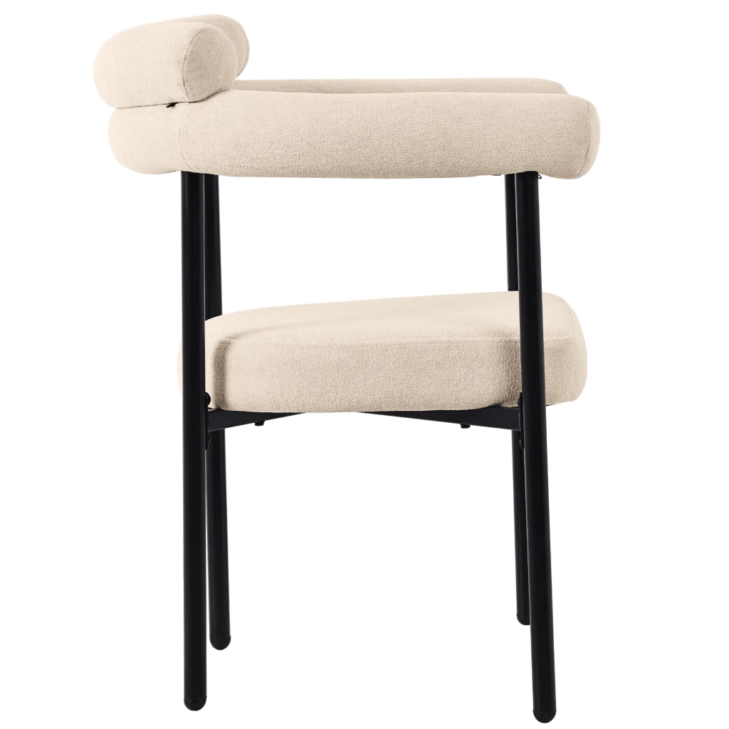 Sedia da pranzo imbottita ergonomica con seduta ampia e schienale curvo in tessuto beige e struttura in ferro