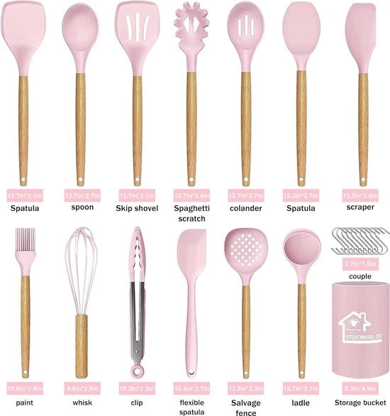 Set di utensili da cucina in silicone da 24 pezzi - antiaderente - resistente al calore - maniglia in legno - rosso