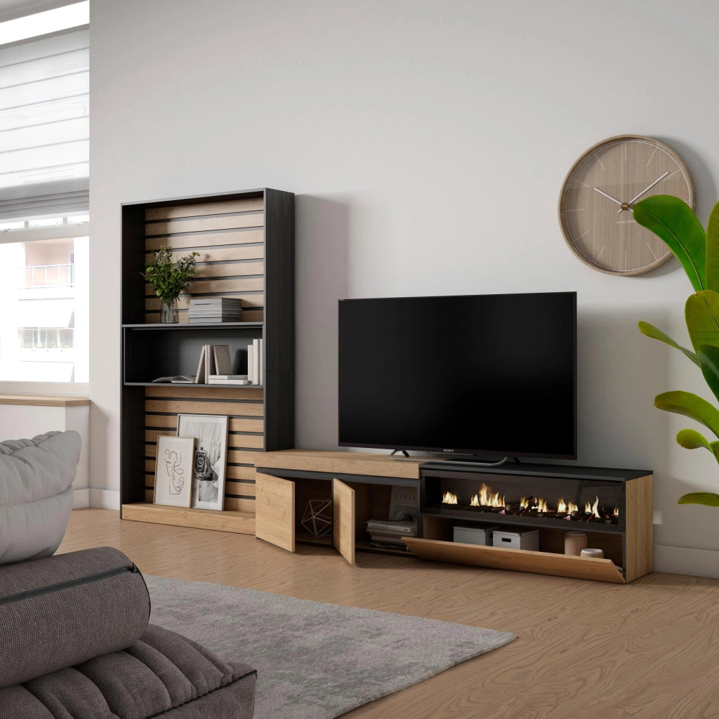 Mobile TV, Soggiorno, 310x35x186cm, Per TV fino a 80", Camino elettrico, colore Rovere e nero RF2863