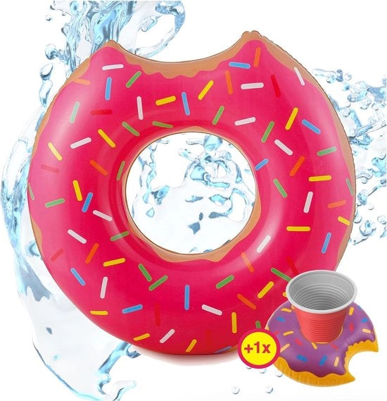 Donut XXL con contenitore - diametro 120cm - gioco per il bagno gonfiabile - bagno - giocattolo acquatico - giocattolo - anello per nuoto - figura gonfiabile - estate - campeggio - vacanza - rosa