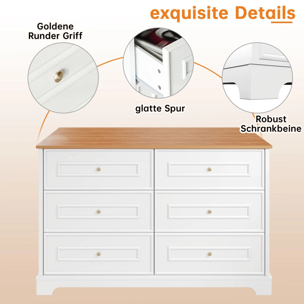Sideboard in stile country con 6 cassetti; 120 x 40 x 76 cm; bianco e naturale