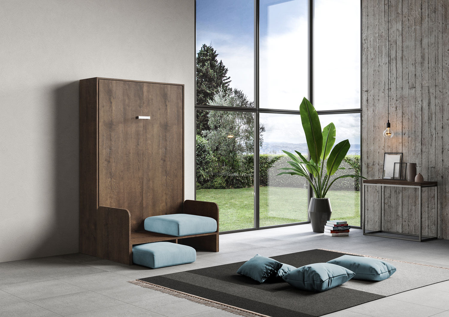 Letto Matrimoniale Francese A Scomparsa 140 Kentaro Con Divano Noce e Azzurro