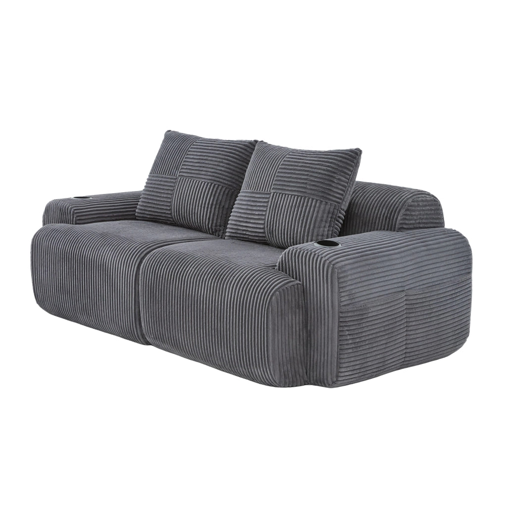 Divano modulare 2 posti in corduroy grigio scuro, con portabicchieri e tasca laterale, imbottitura in schiuma ad alta densità