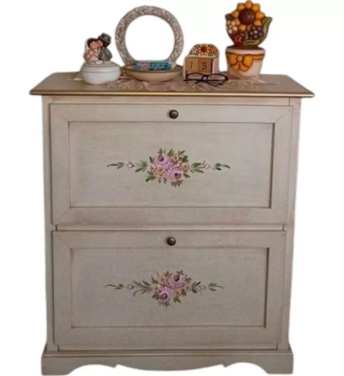 Scarpiera 2 ante ribalta legno shabby avorio anticato filo oro 79x30x90 - Mobili 2G
