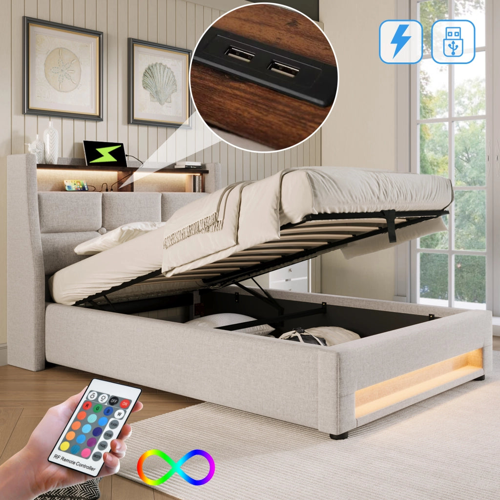 LETTO Imbottito 90x200 cm con LED e USB, tessuto lino beige, senza materasso