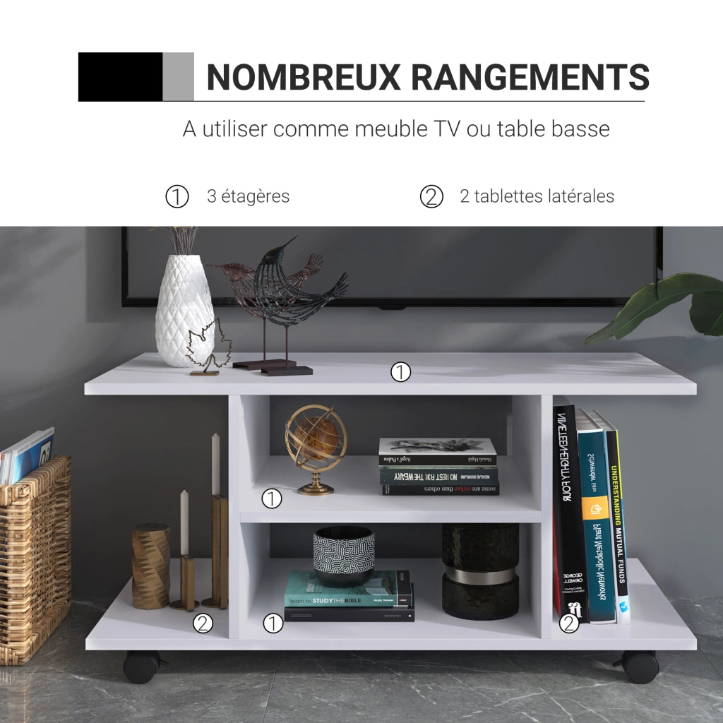 Mobile TV con ruote ¨C Xylo ¨C Legno bianco con ripiani, 80x40x40 cm