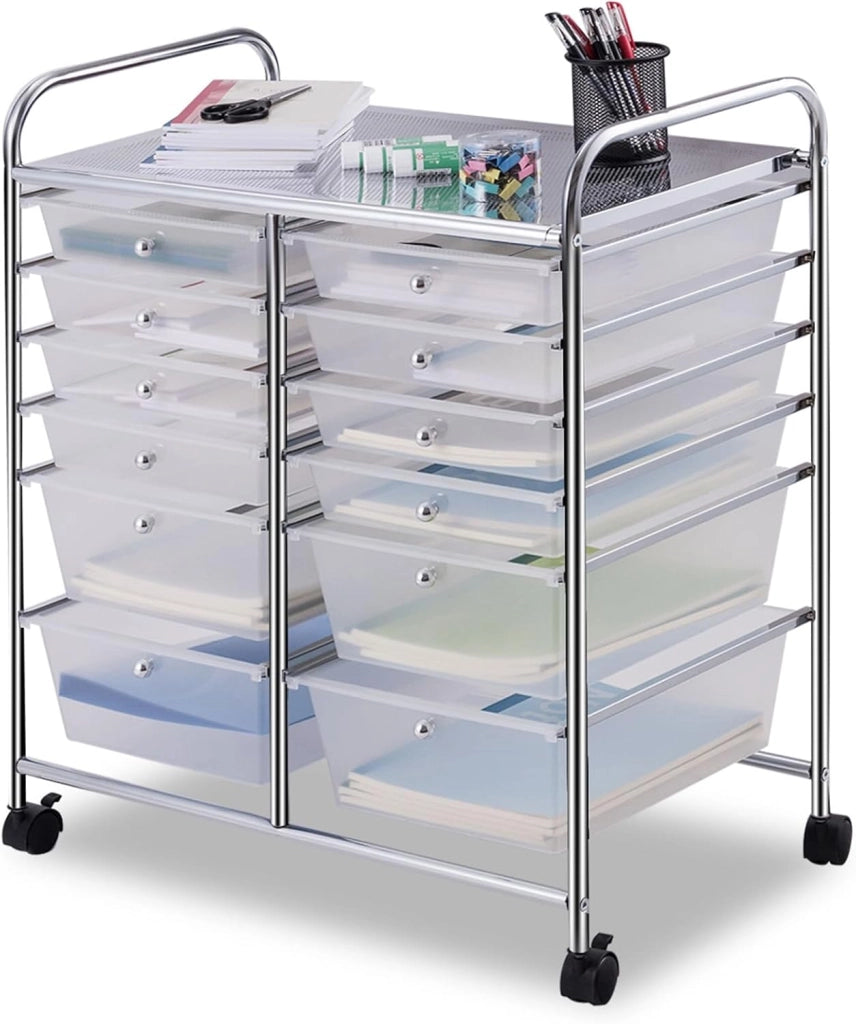 Carrello con 12 Cassetti con Ruote, Carrello di Stoccaggio Multiuso con Ampio Spazio di Archiviazione, Ideale per Casa Ufficio Domestico, 73,5 x 37 x 63 cm (Colorato trasparente)