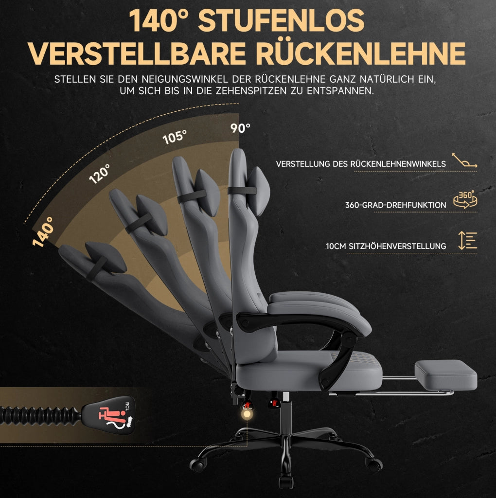 Sedia gaming ergonomica in pelle grigia con poggiapiedi e schienale reclinabile