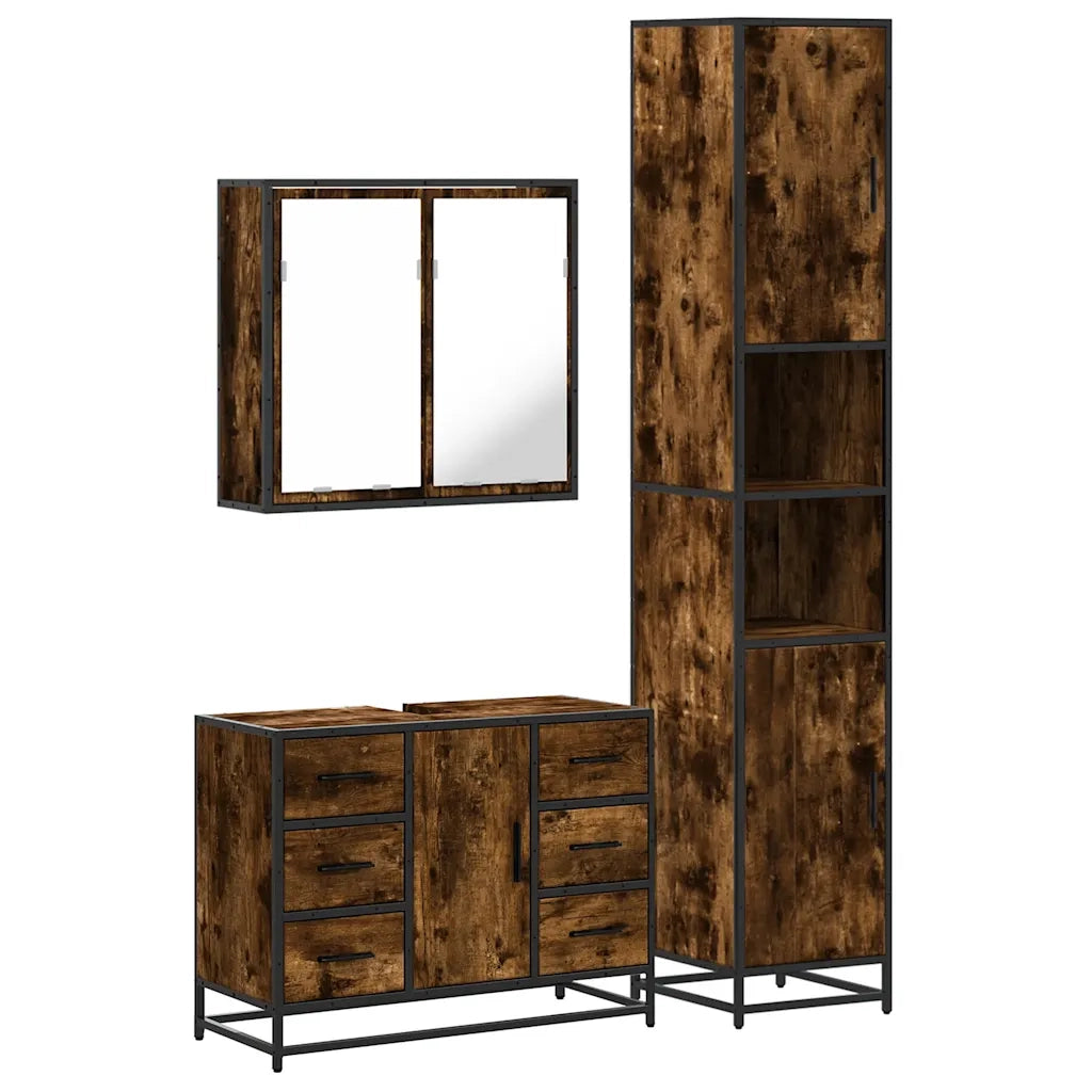 Set Mobili da Bagno 3 pz Rovere Fumo in Legno Multistrato 3301082