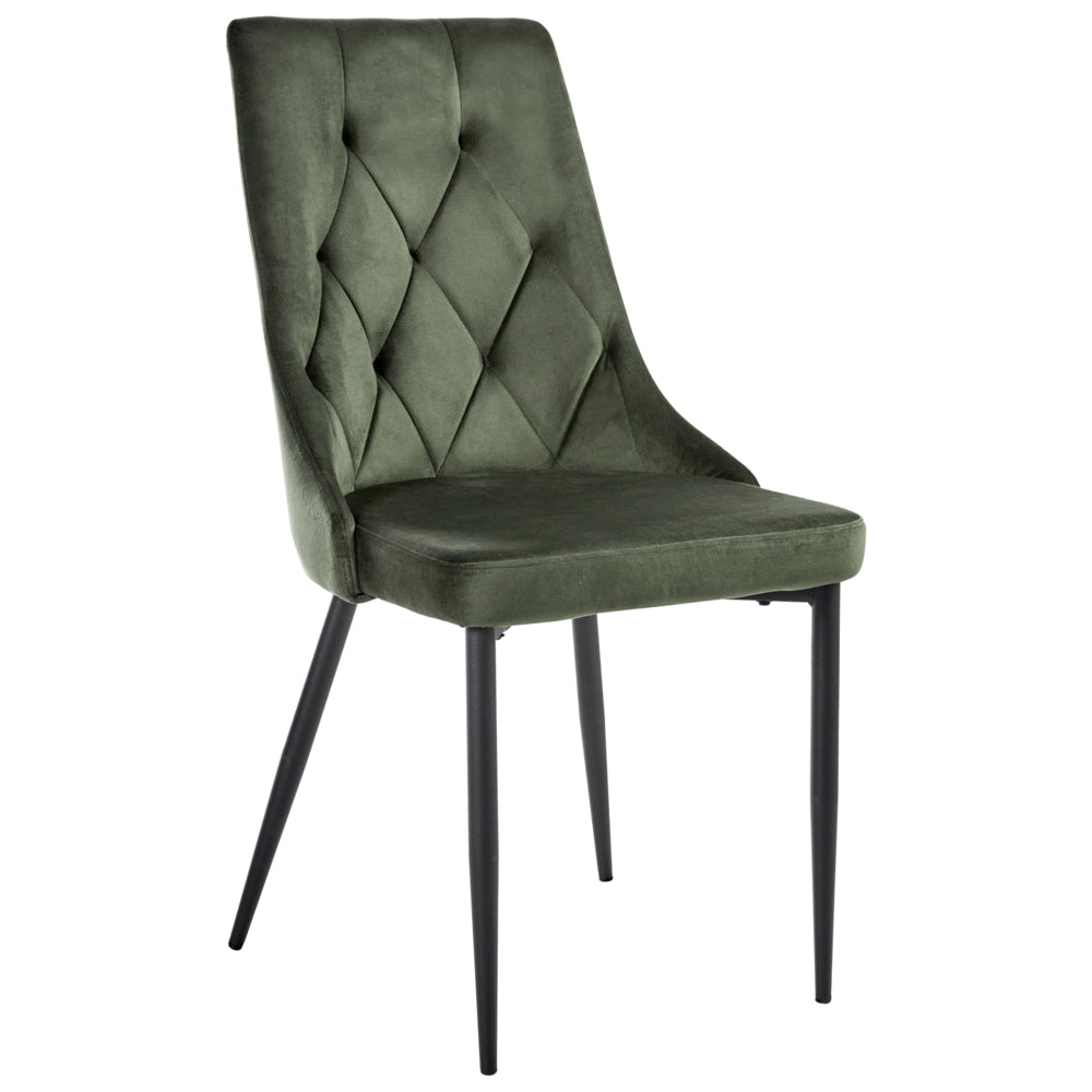 Set di 2 sedie da pranzo scandinave Rivestimento in velluto verde oliva Gambe in ferro nero Seduta in tessuto Senza braccioli