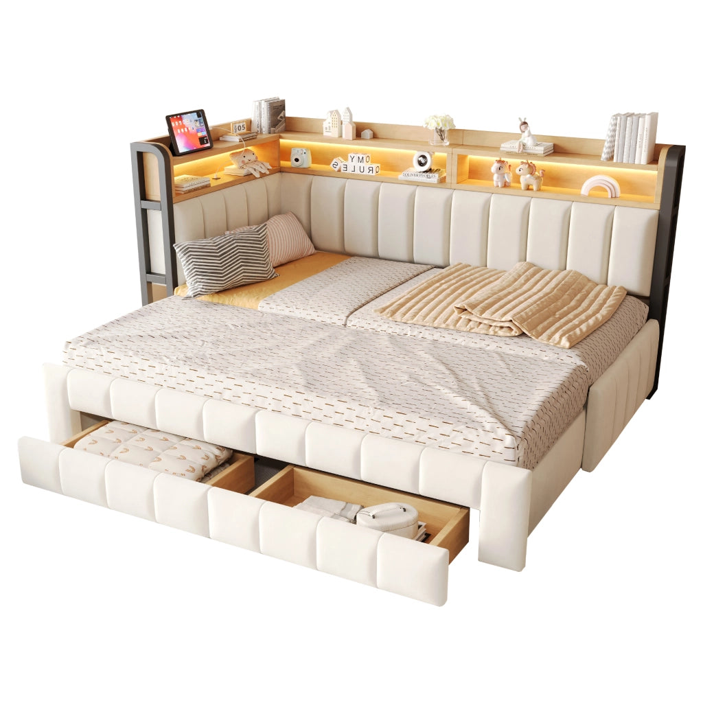Divano letto imbottito 90x200 cm estensibile in 180x200 cm con contenitori, cassetti, LED e porte USB/Type-C, velluto beige