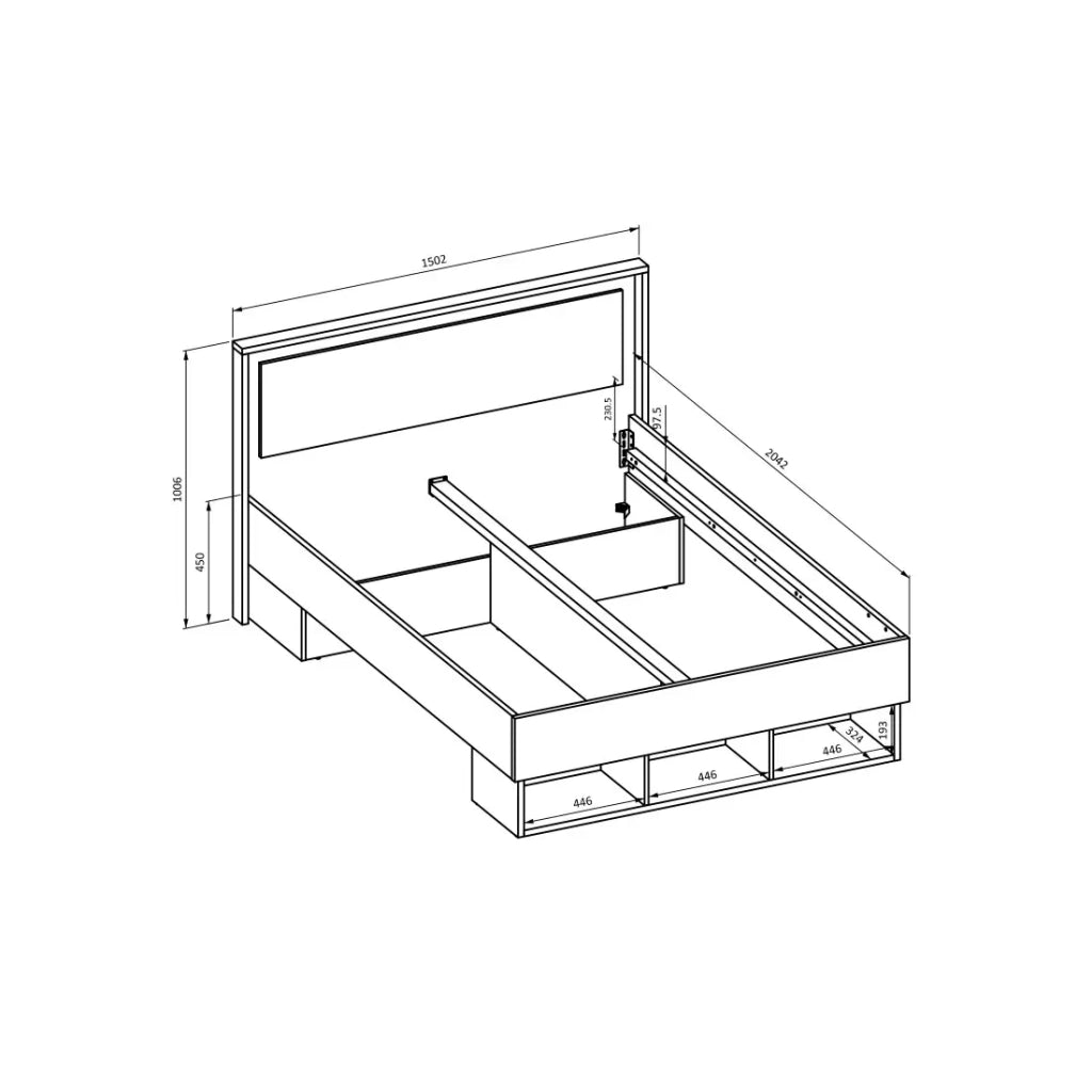 Letto 140x200 VOX con 3 nicchie e 2 spazi per cassetti, senza doghe