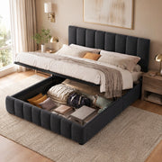 Letto matrimoniale imbottito 140x200 cm in lino grigio con contenitore e testiera regolabile