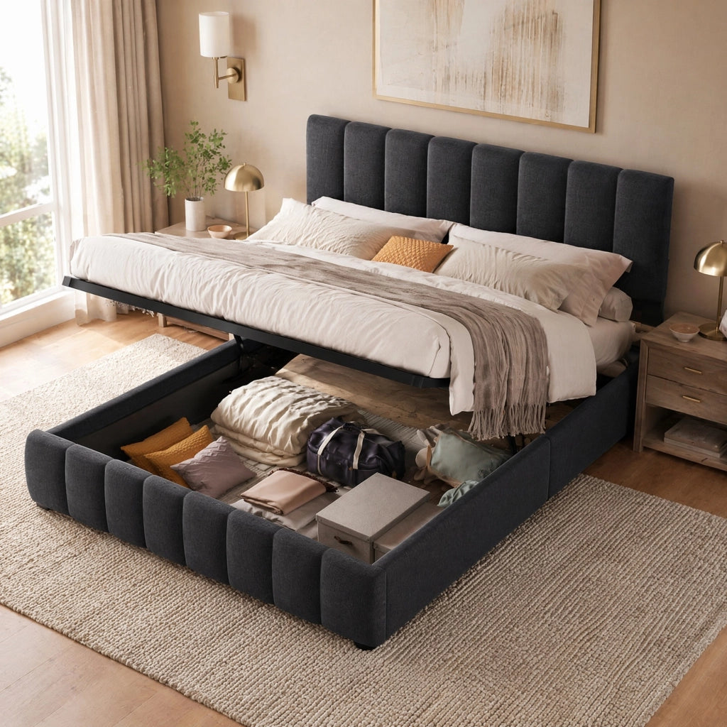 Letto matrimoniale imbottito 140x200 cm in lino grigio con contenitore e testiera regolabile