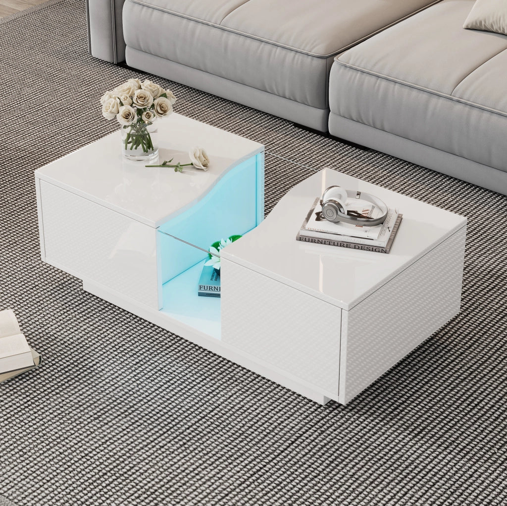 Tavolino da salotto moderno con LED; 2 cassetti; 100 x 50 x 35 cm; bianco lucido in MDF