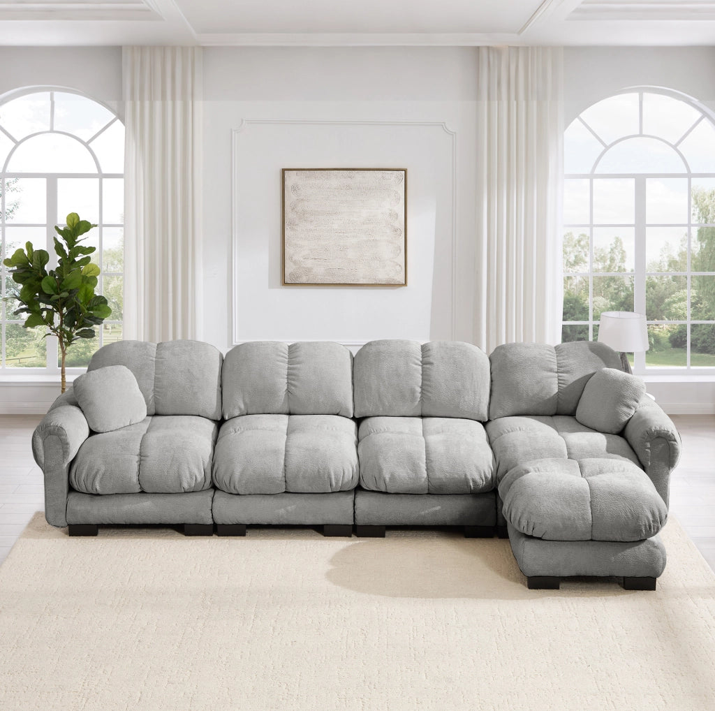 Divano angolare modulare a L 4 posti con pouf mobile 330x149x90 cm in chenille grigio chiaro
