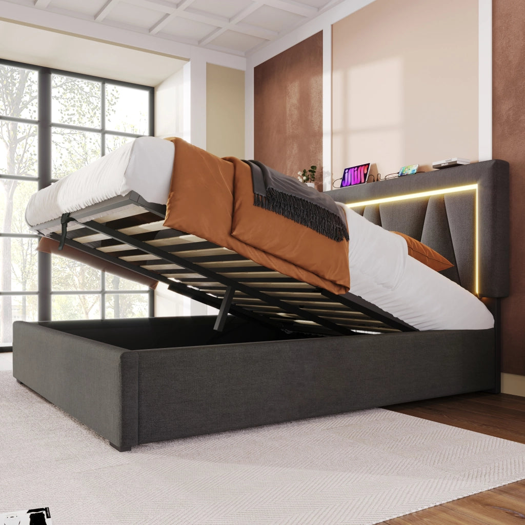 Letto matrimoniale 160 × 200 cm con contenitore, USB e Type-C, LED, con materasso, grigio