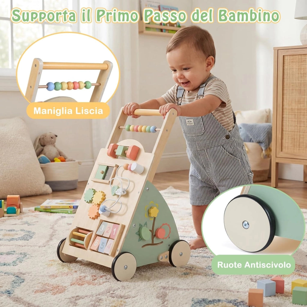 Carello Primi Passi in Legno per Bambini, Girello Montessori con Centro Attività, Ruote e Cestino Portaoggetti, Gioco Educativo per Bambini 12 + Mesi (Modello 5)