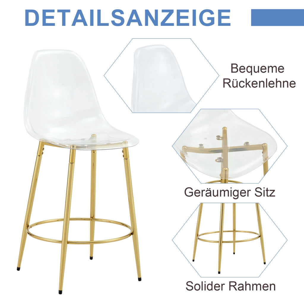 Sgabello da bar trasparente 2 pezzi con schienale ergonomico e seduta 66 cm, gambe in metallo oro, plastica trasparente