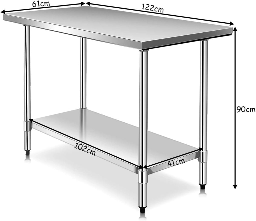 Tavolo da Lavoro in Acciaio Inox 122 x 61 x 90 Professionale, Bancone in Acciaio con Ripiano Regolabile, Mobile con Piano di Lavoro Preparazione di Alimenti, per Cucina e Ristorante