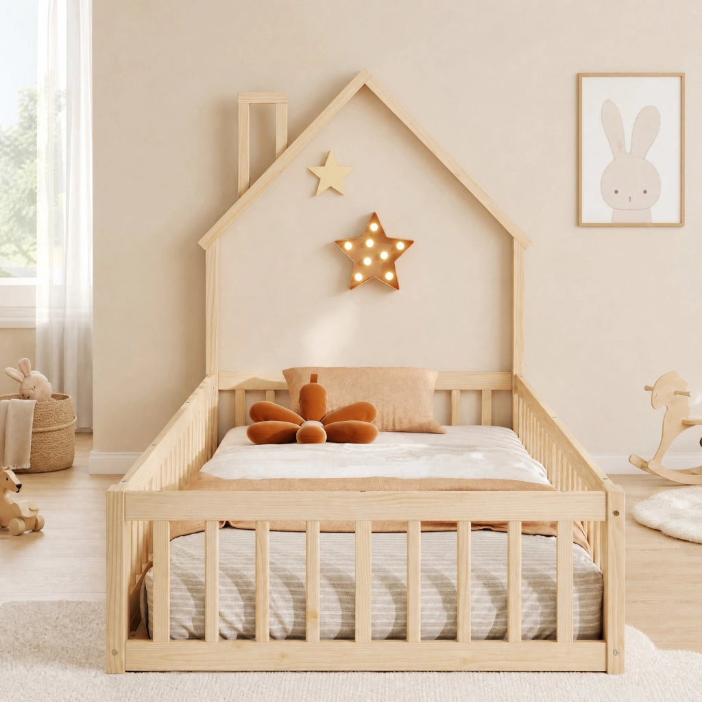 DESMIU Letto per bambini 1 posto con barriera di sicurezza e design a camino, 90 × 200 cm, senza materasso