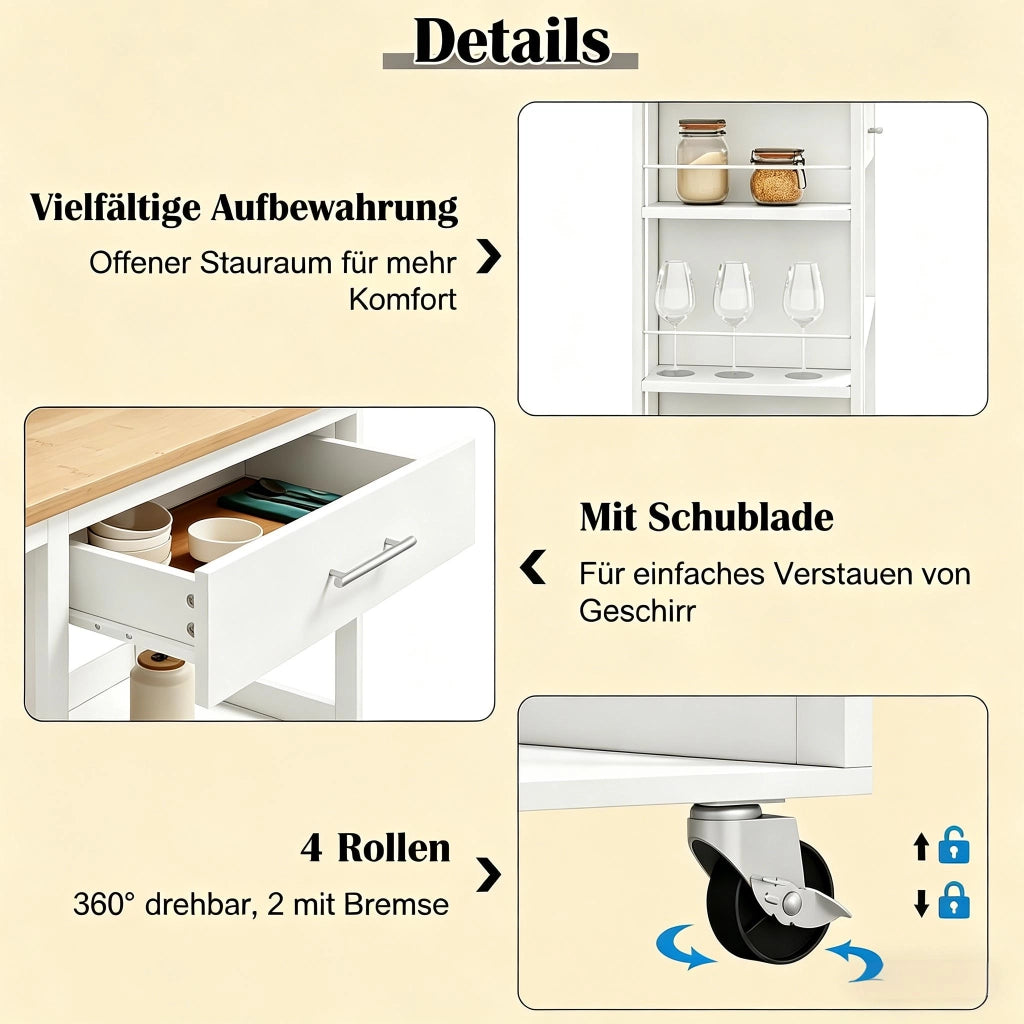 CARRELLO da cucina con cassetto e ripiani 73x38x88 cm MDF bianco effetto legno