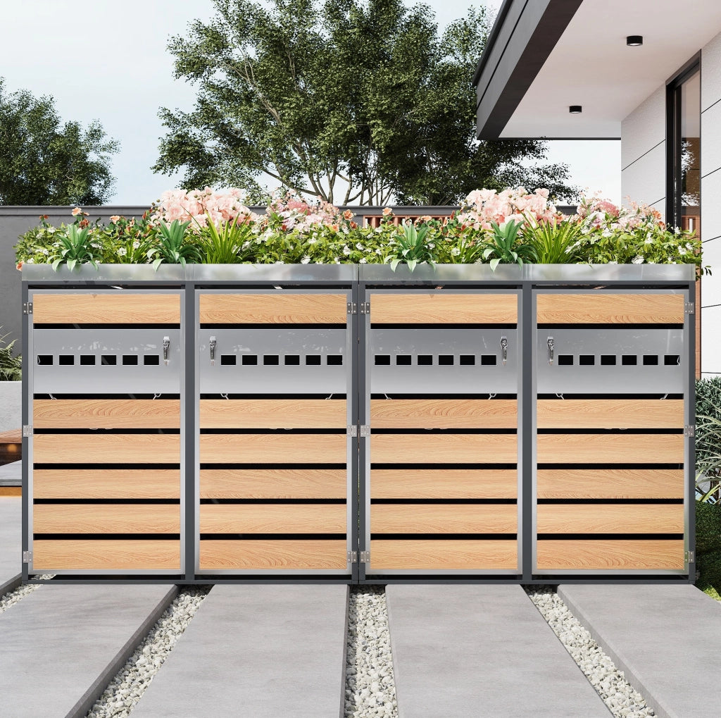 Armadio portarifiuti da esterno a 4 scomparti con fioriera integrata; in acciaio zincato grigio e effetto legno