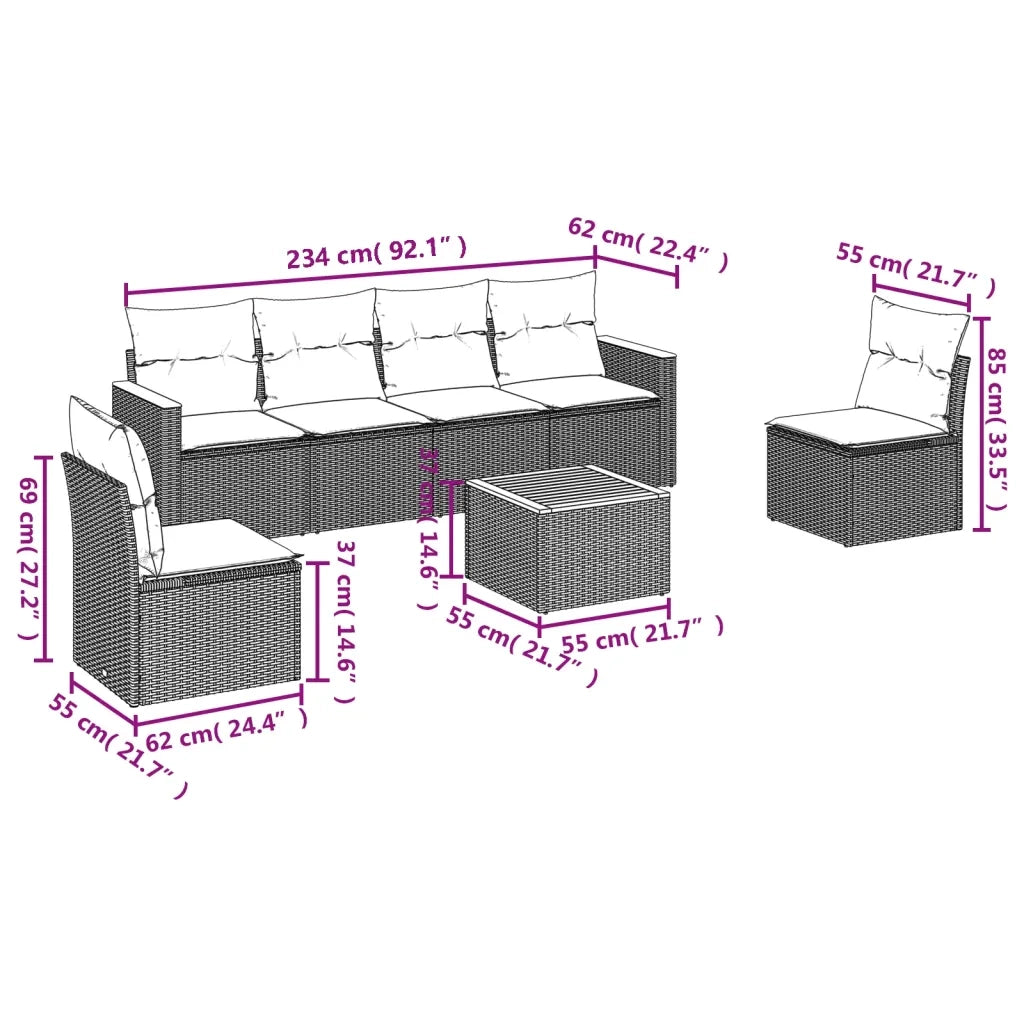 Set Divani da Giardino 7 pz con Cuscini Beige in Polyrattan