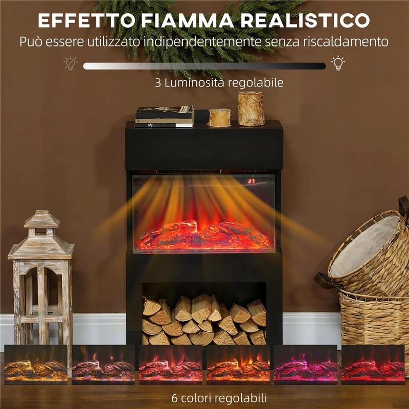CAMINO ELETTRICO CON EFFETTO FIAMMA 3D COLORATA, 1000W/2000W CON TEMPERATURA REGOLABILE E TELECOMANDO, NERO