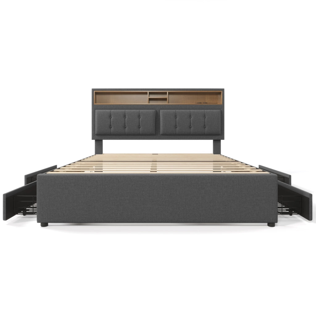 Letto matrimoniale 140x200 in lino grigio con 4 cassetti, USB/Type-C, testiera regolabile, senza materasso