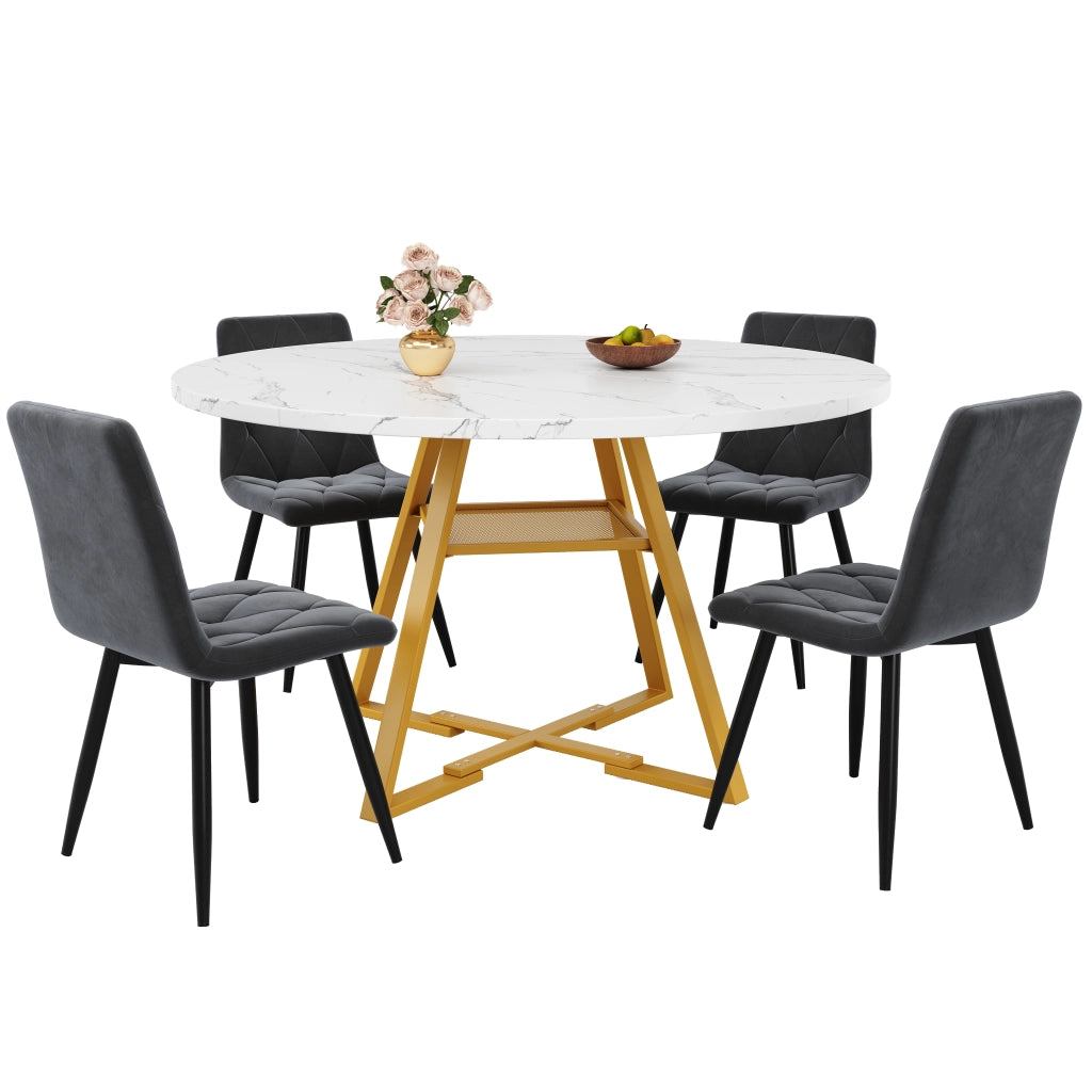 Tavolo da Pranzo Rotondo ¨C MINIMAL ¨C Effetto Marmo, Gambe in Metallo, Nero/Bianco