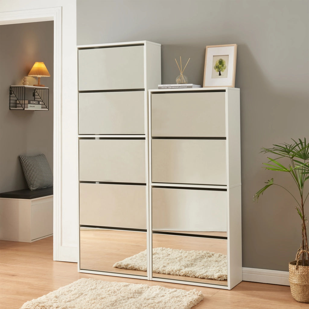 Scarpiera Stretta Lund con Ante a Specchio e 4 Contenitori Ribaltabili - Bianco [en.casa]