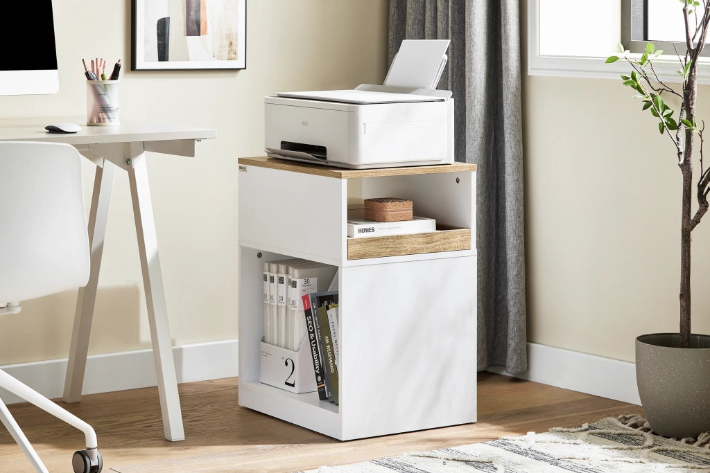 SoBuy Tavolino stampante Mobiletto ufficio Cassettiera compatta Supporto stampante Tavolino divano Bianco-Naturale 40x50x65 cm ASK08-WN