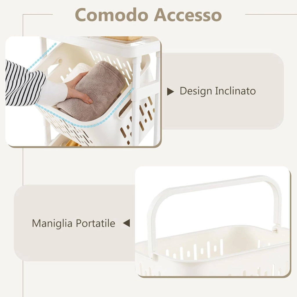 Carrello per Lavanderia a 3 Ripiani, Organizzatore per Bucato con 4 Ruote Girevoli e 3 Cestini, Carrello Sottile Multiuso per Bagno Lavanderia, 40 x 30 x 112 cm